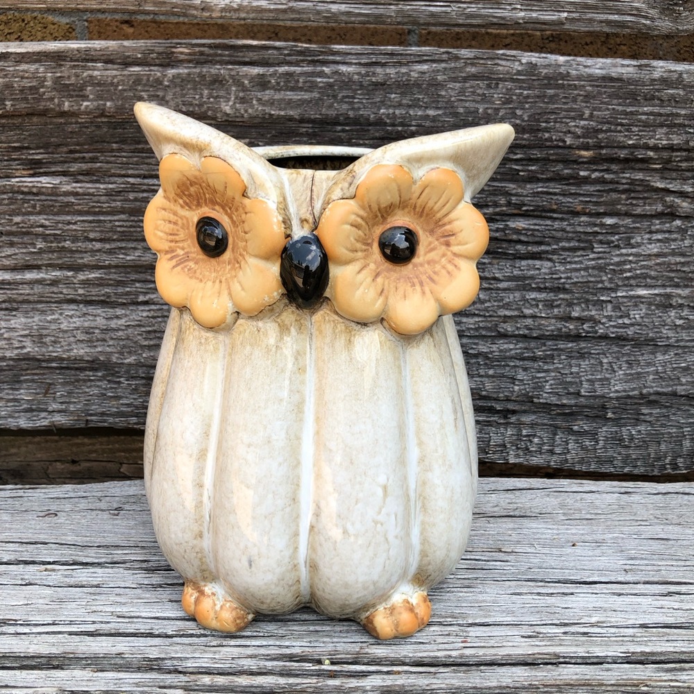 🤎Ceramic Owl flower Vase cute Floral Eyes Boho fall decor Natural beige cream🤎